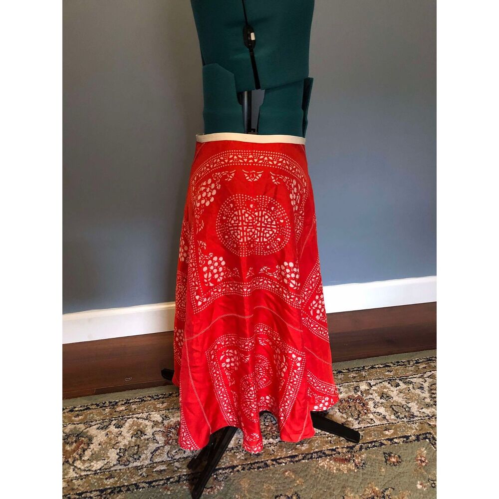 Charles Nolan Red Handkercheif Western Paisley 100% Silk Midi Skirt, size 4